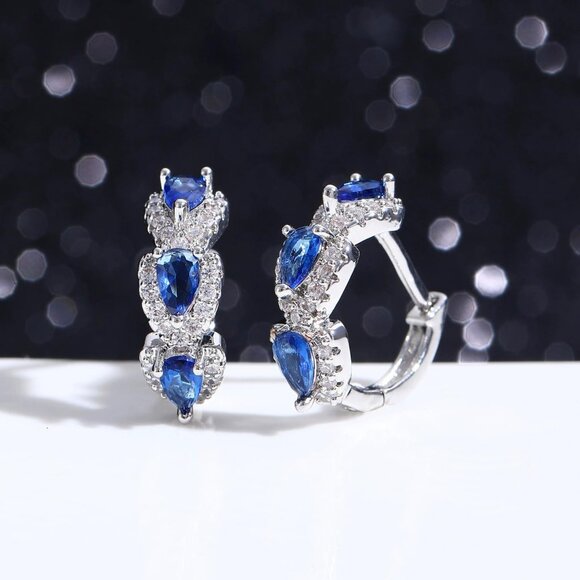 Elegant 18K White Gold Plated Blue Zirconia Small Huggie Hoop Earrings for Women - Picture 3 of 8